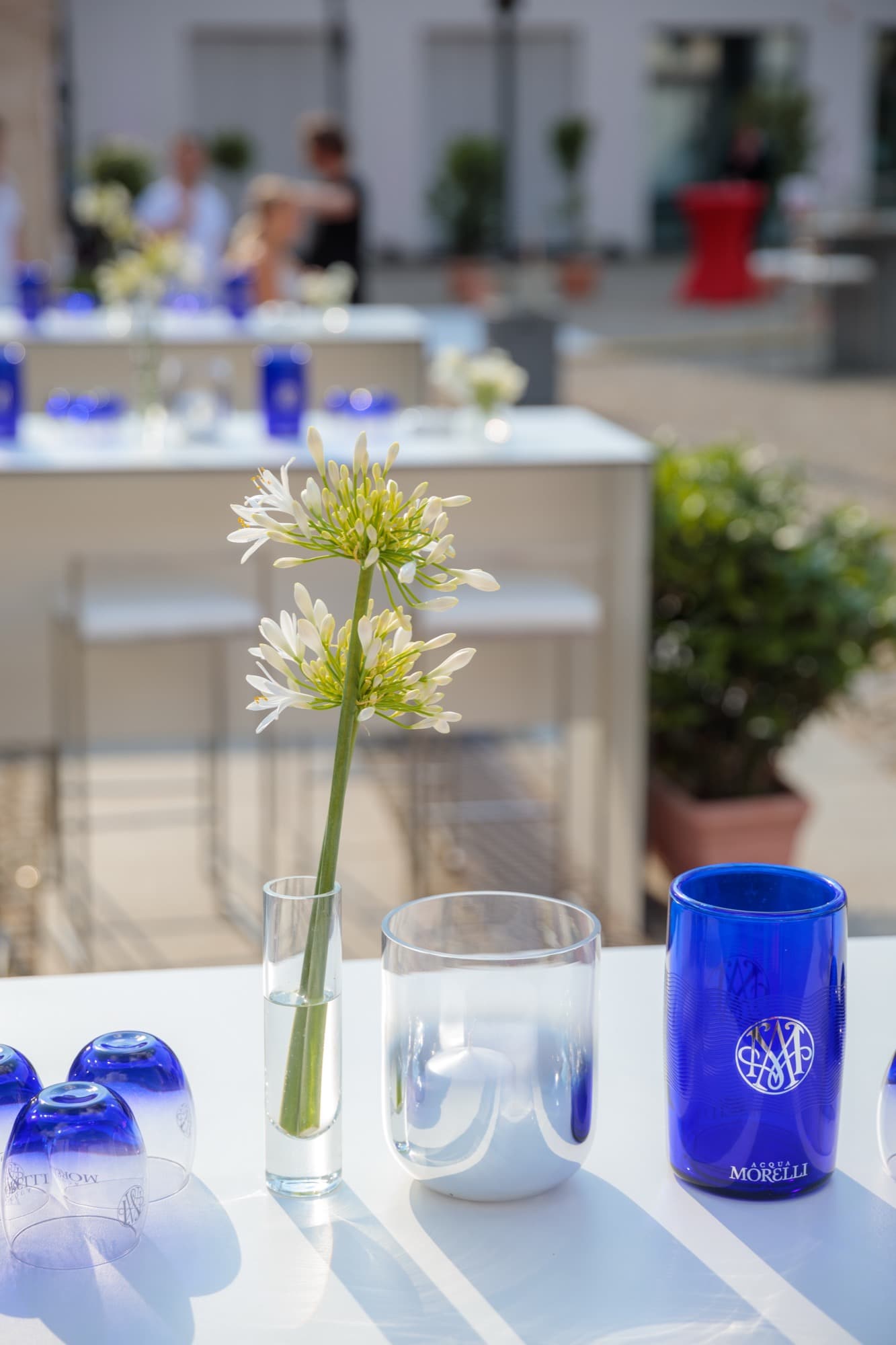 Weiße Agapanthusblüte in einer schmalen Vase auf einem weißen Stehtisch im sonnigen Innenhof, daneben blaue Gläser